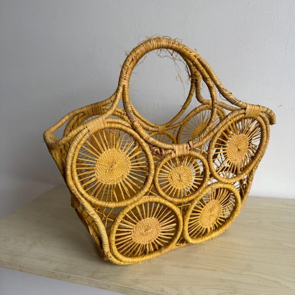 Yellow Straw Sunburst Raffia Open Woven Tote Bag - Picture 1 of 6